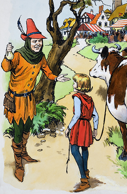 Jack and the Beanstalk illustration of Jack trading his cow for magic beans - copyright lookandlearn.com