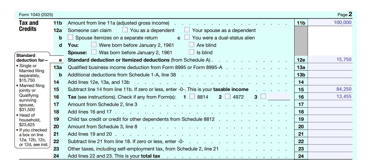 IRS Form 1040 - showing Tax and Credits with the standard deduction