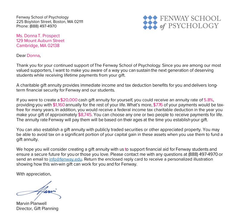 Sample BatchCalcs letter from Fenway School showing variable copy elements in red